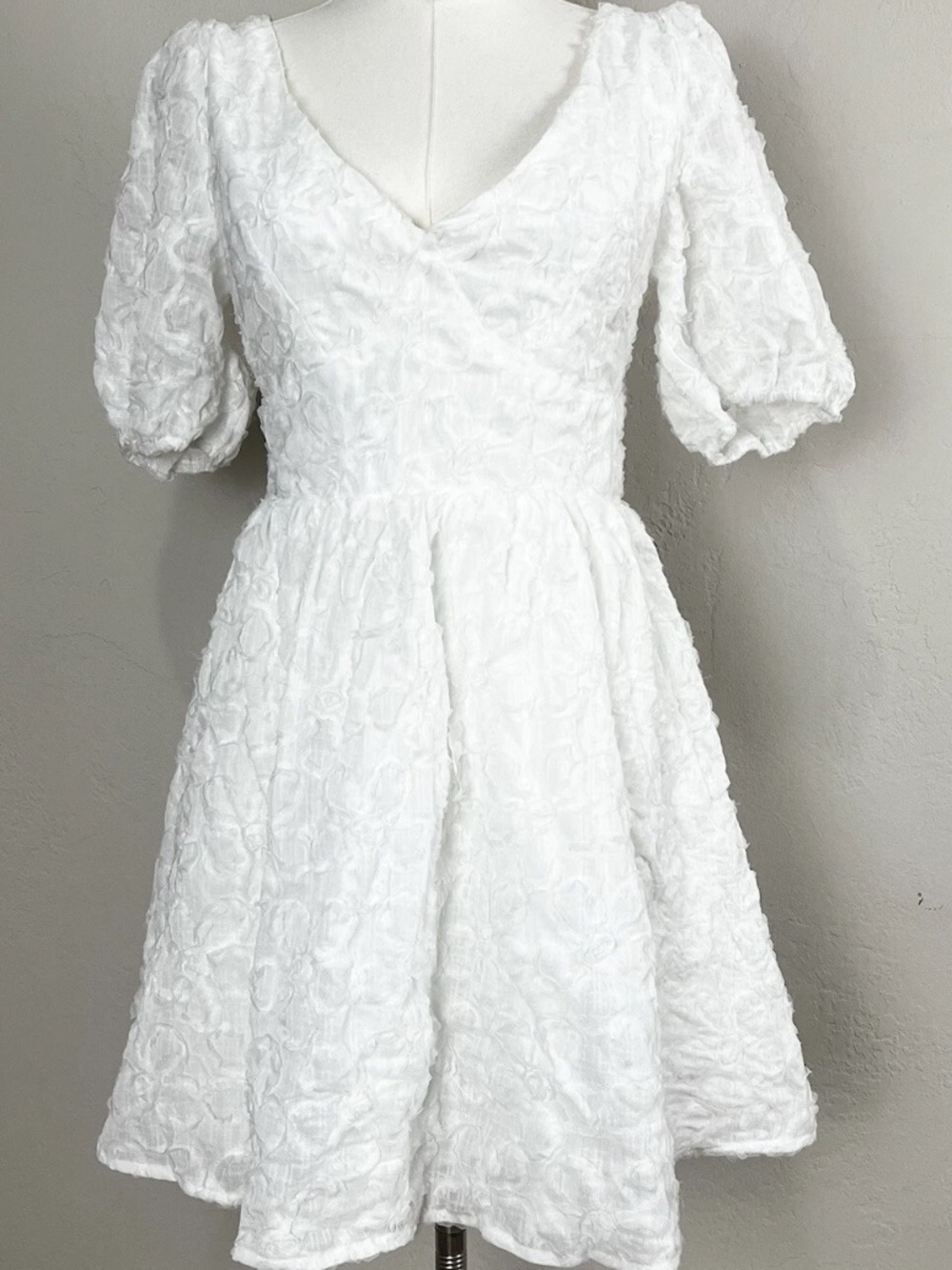 LULU’S White Textured Puff-Sleeve Fit & Flare Dress Size M